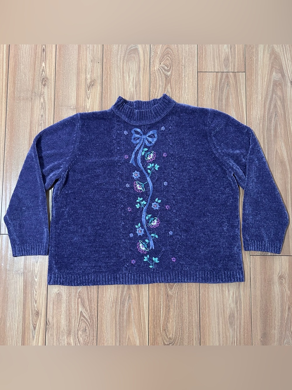 Alfred Dunner Chenille Purple Sweater Size 1X Embroidered GrannyCore Vintage